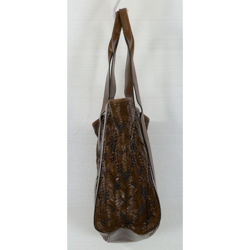 $6995 BRUNELLO CUCINELLI LEATHER LARGE TOTE BAAG WITH MONILI CHAIN DETAIL BROWN - Picture 3 of 9